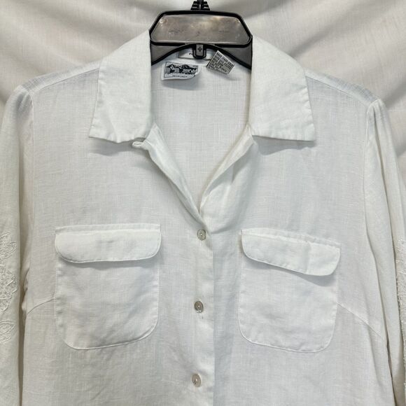 Edward Irish Linen Women’s S Blouse Button Down White Floral Beaded 3/4 Sleeve - Picture 3 of 10